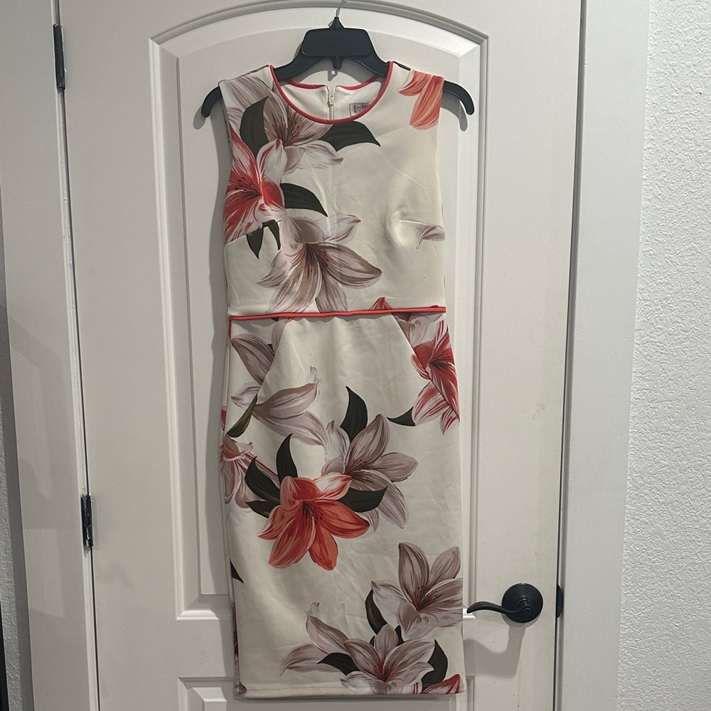 Enfocus Studio Cream and Red Floral Midi Dress